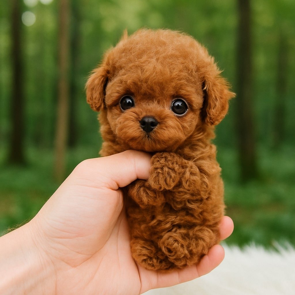 A tiny brown robot puppy toy sitting in the palm of a person's hands.