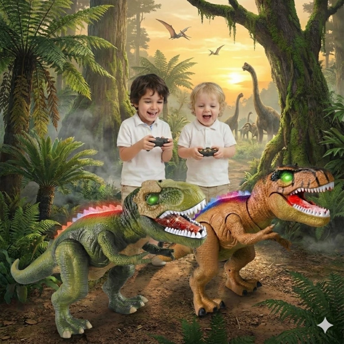 Two young boys, each holding a remote control, play together with a green and a brown remote control T-Rex dinosaur toy in a prehistoric jungle environment at sunset.