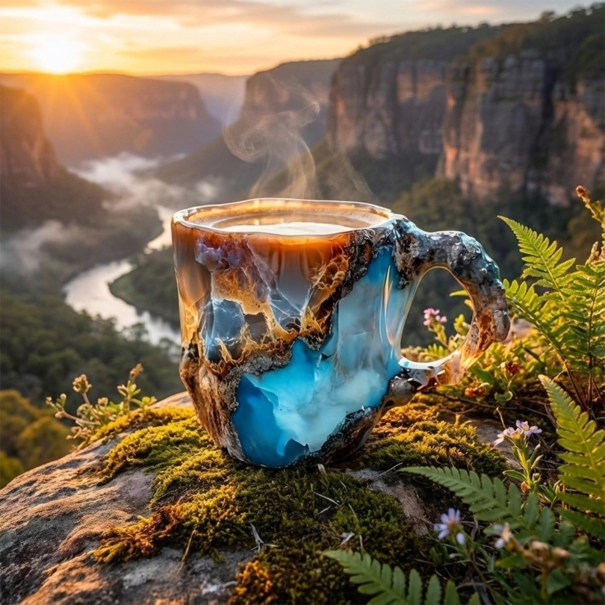 The Kouvr artisan coffee mug sitting on a mossy rock overlooking a beautiful river canyon at sunrise, embodying a moment of peaceful luxury.