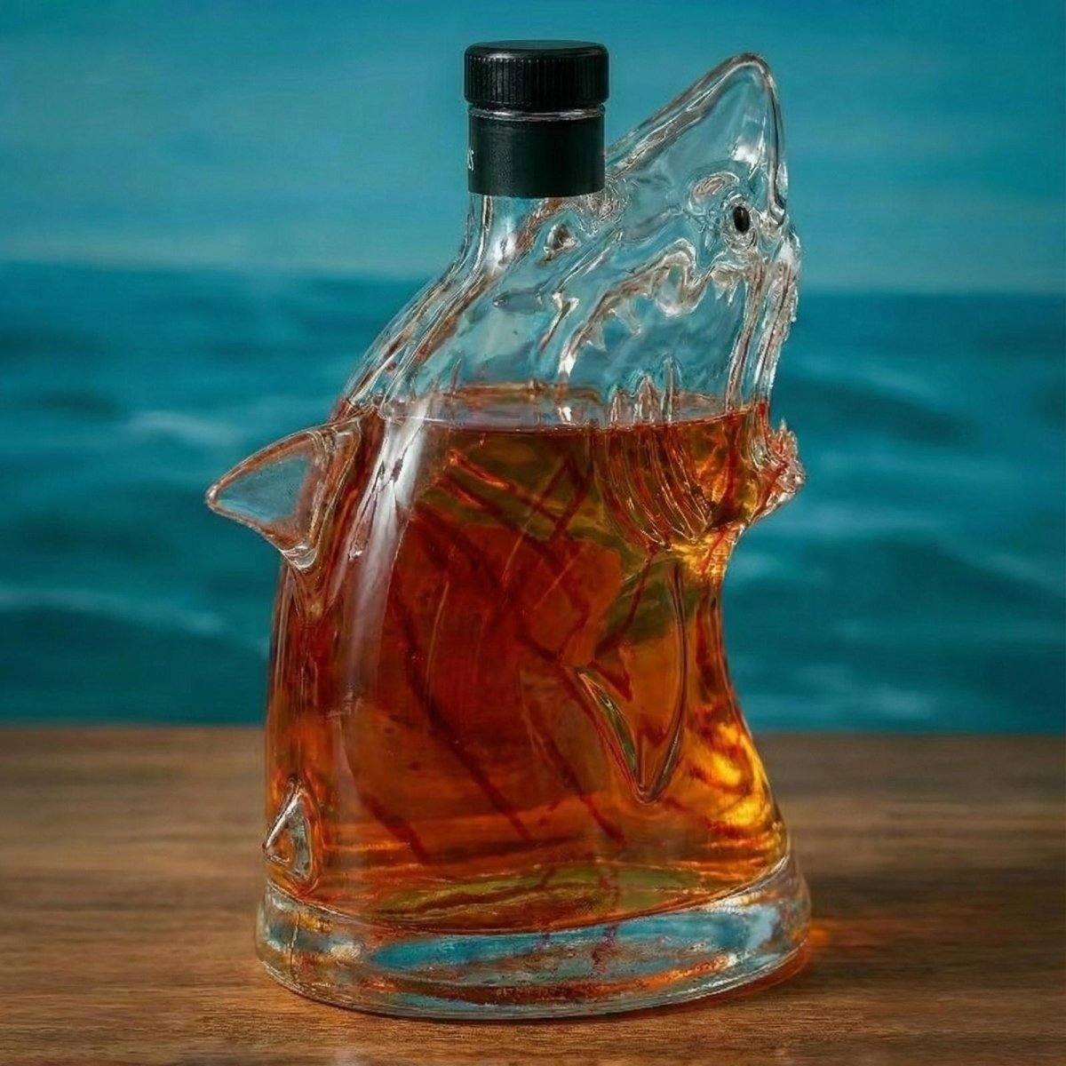 Three-quarter view of the Kouvr shark whiskey decanter, highlighting the fin details and glass craftsmanship, perfect as a Father's Day or bourbon lover's gift.