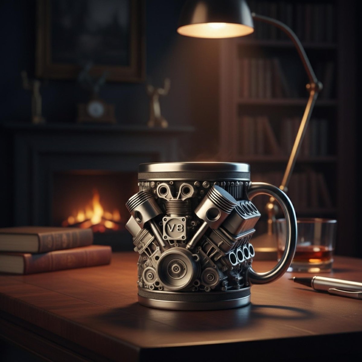 A detailed V8 engine mug on an executive desk under a lamp, positioned as a luxury gift for a car enthusiast.