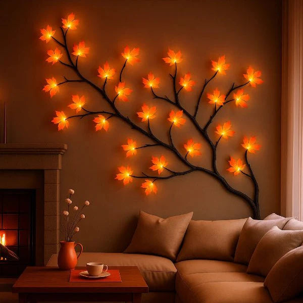 Decorative wall light fixture shaped like a tree with glowing lights in a cozy living room.