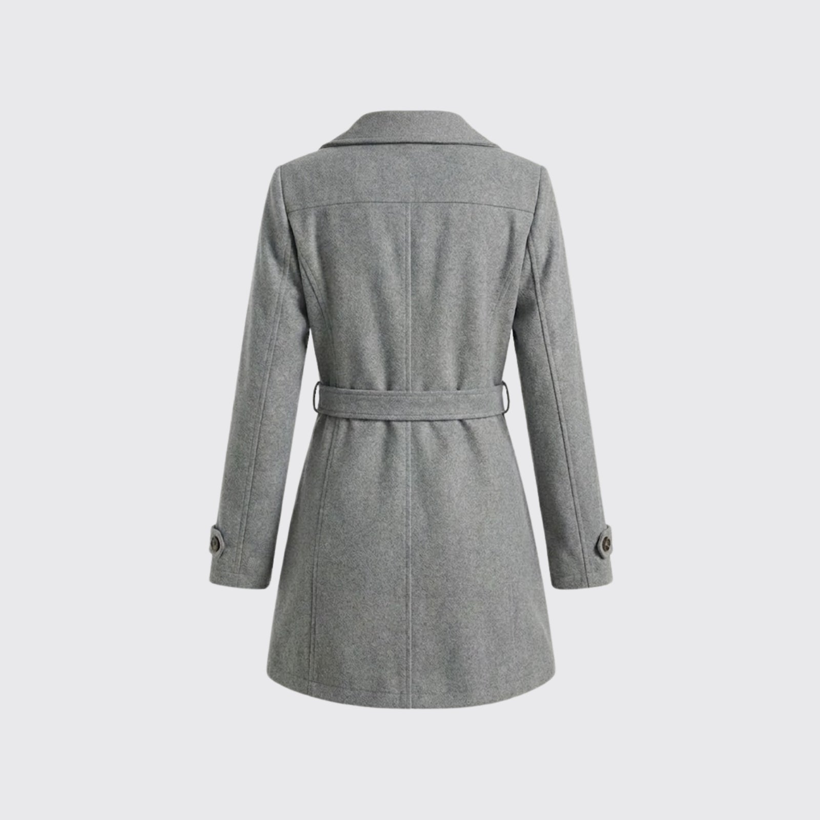 Back view of a women's grey wool coat laid flat, showing the waist belt, belt loops, and clean seam construction.