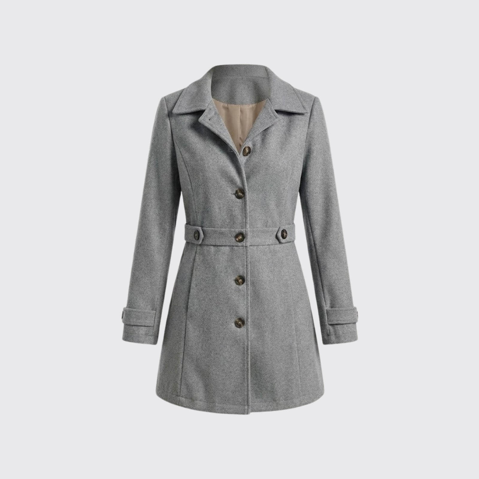Product-only shot of a women's single-breasted grey wool coat with a removable belt, laid flat on a light grey background.