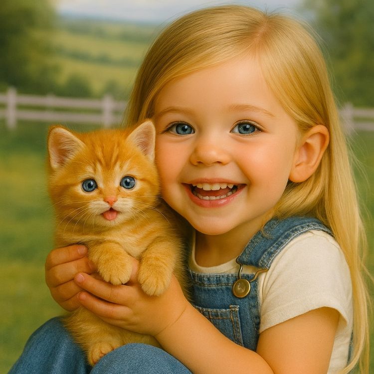 A smiling young blonde girl with blue eyes happily hugging her Kouvr orange tabby interactive robot kitten toy.