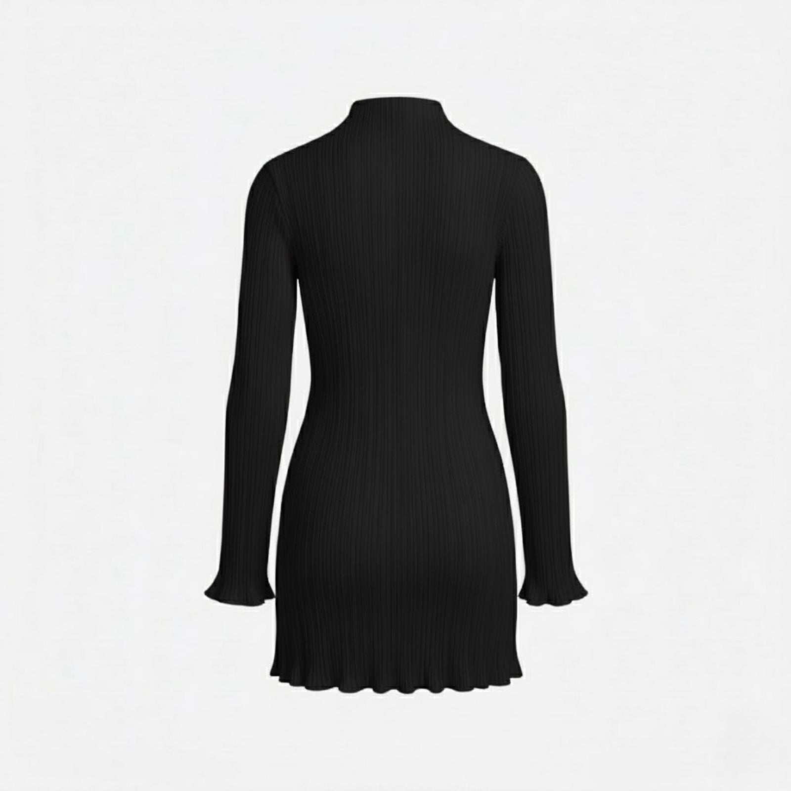 Back product shot of the Kouvr Agathe black mock neck mini dress, showing the vertical ribbing and silhouette.