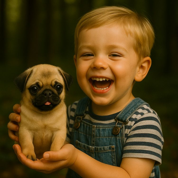 A joyful young boy with a wide smile laughing while holding the small Kouvr interactive robot pug puppy toy.