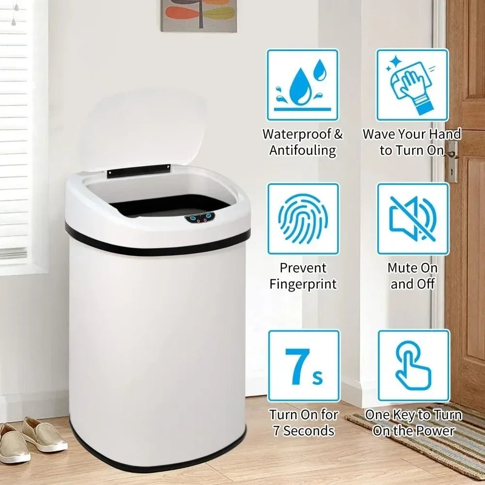 hygienic waste disposal," "odor-control garbage can," "fingerprint-resistant," "soft-close lid," and "battery-operated bin