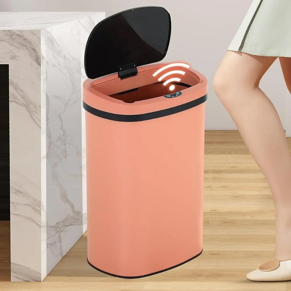 hygienic waste disposal," "odor-control garbage can," "fingerprint-resistant," "soft-close lid," and "battery-operated bin