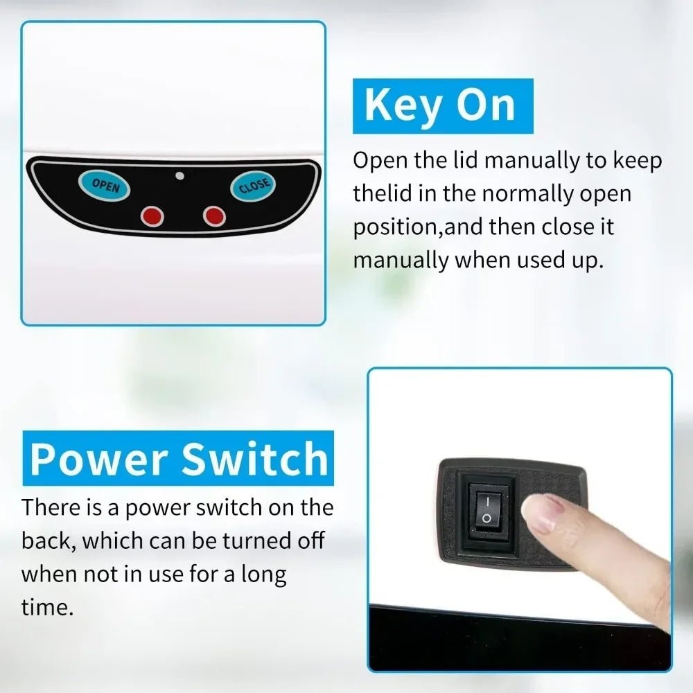 hygienic waste disposal," "odor-control garbage can," "fingerprint-resistant," "soft-close lid," and "battery-operated bin