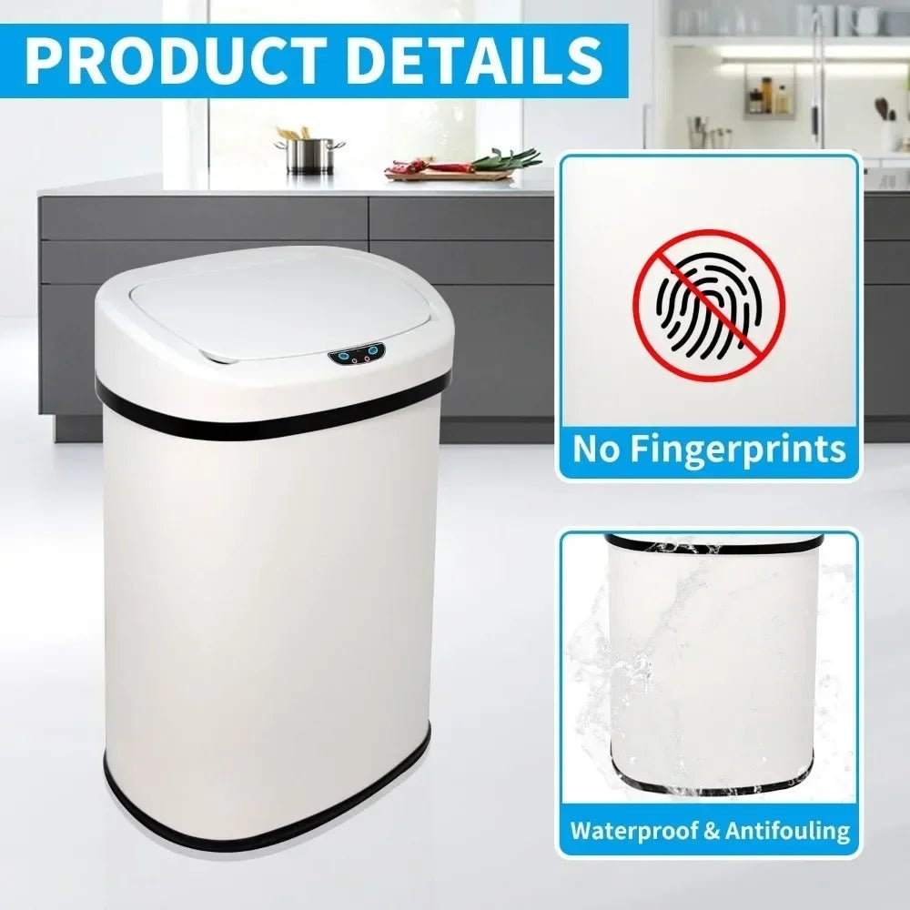 hygienic waste disposal," "odor-control garbage can," "fingerprint-resistant," "soft-close lid," and "battery-operated bin