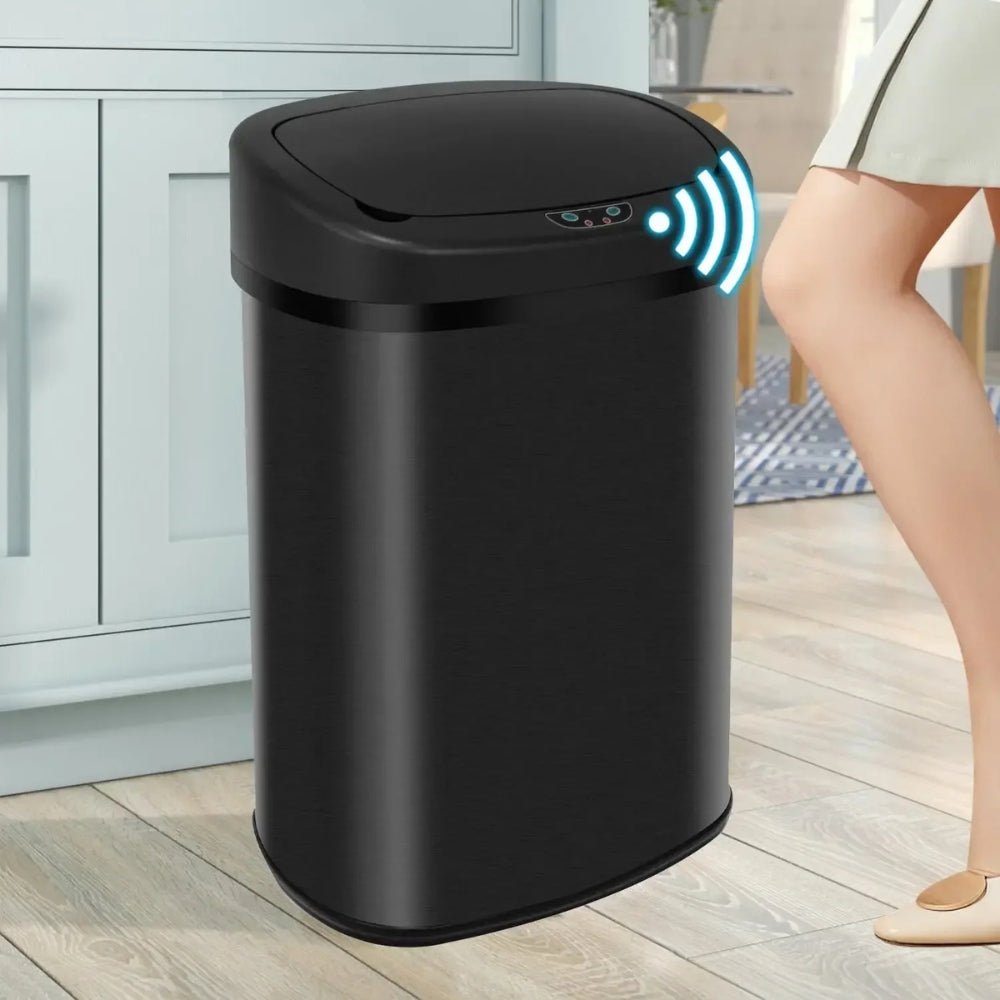 hygienic waste disposal," "odor-control garbage can," "fingerprint-resistant," "soft-close lid," and "battery-operated bin