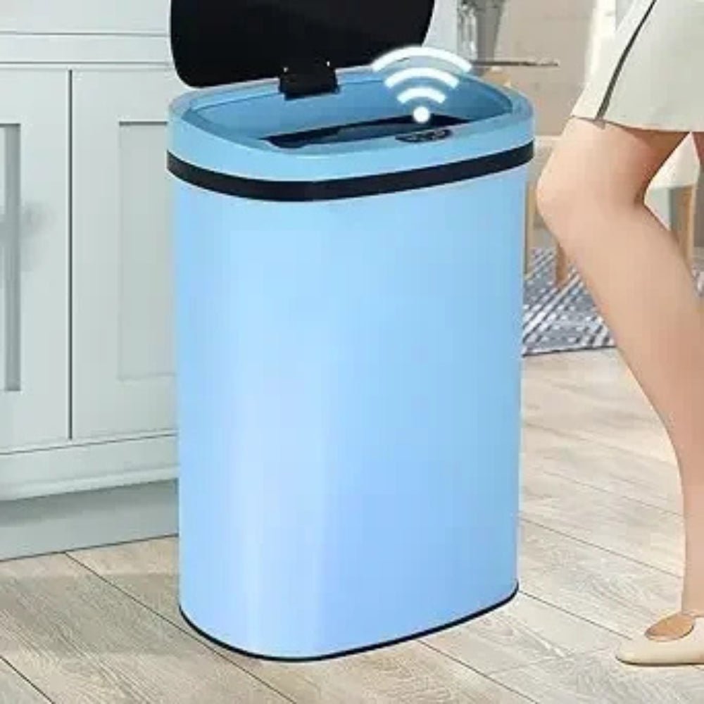 hygienic waste disposal," "odor-control garbage can," "fingerprint-resistant," "soft-close lid," and "battery-operated bin