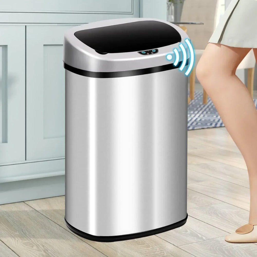hygienic waste disposal," "odor-control garbage can," "fingerprint-resistant," "soft-close lid," and "battery-operated bin