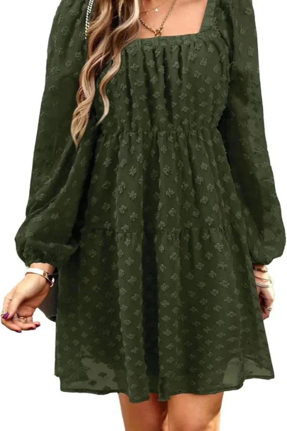 bishop sleeve', 'smocked waist', 'A-line silhouette', 'tiered skirt', 'babydoll dress', 'bohemian chic', 'flowy', 'georgette