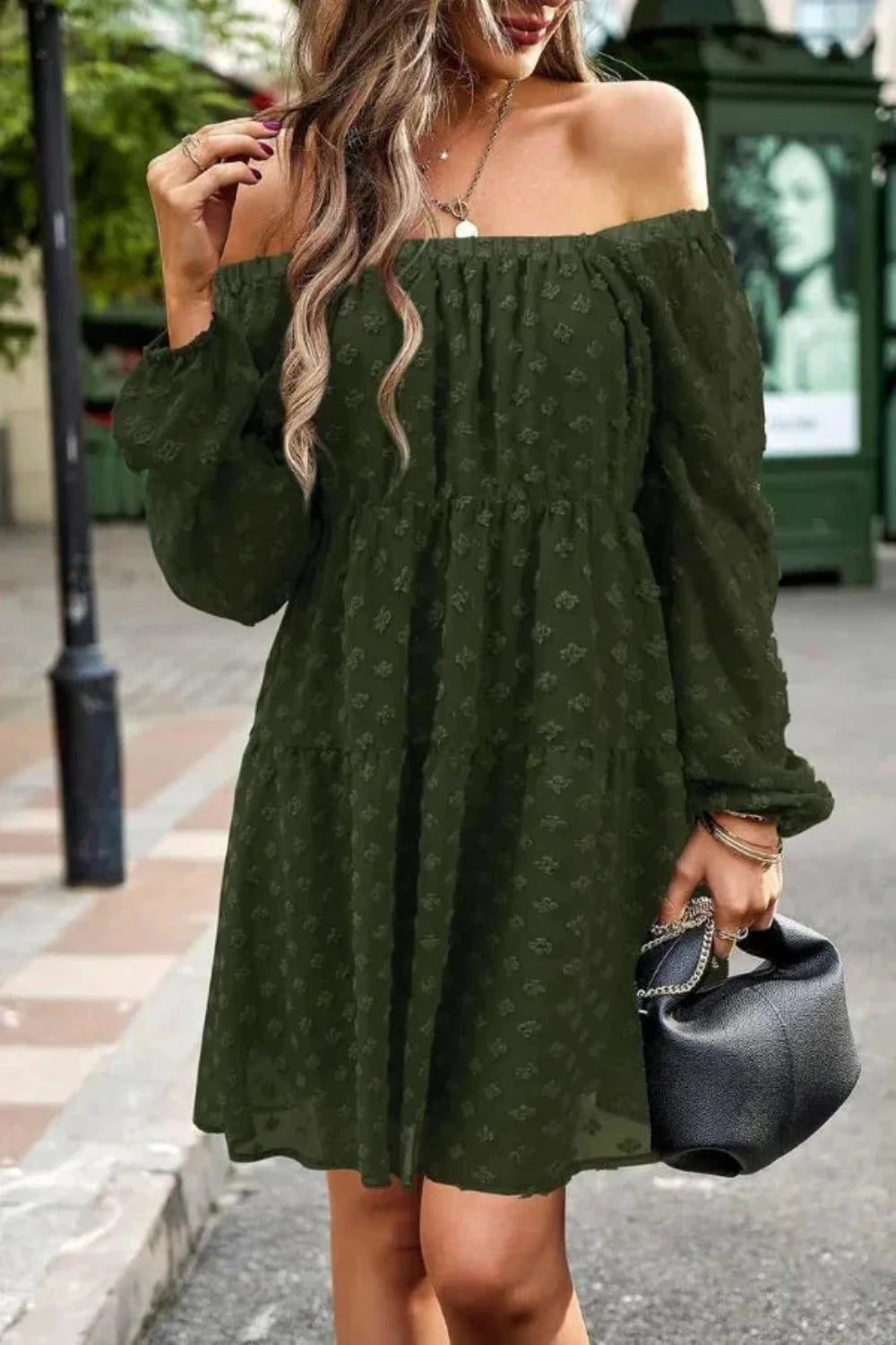 bishop sleeve', 'smocked waist', 'A-line silhouette', 'tiered skirt', 'babydoll dress', 'bohemian chic', 'flowy', 'georgette