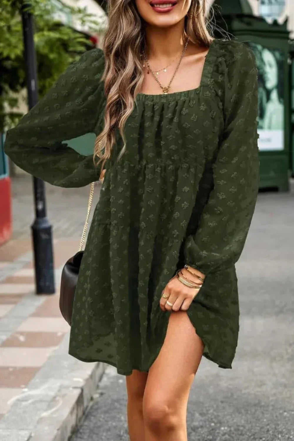 bishop sleeve', 'smocked waist', 'A-line silhouette', 'tiered skirt', 'babydoll dress', 'bohemian chic', 'flowy', 'georgette