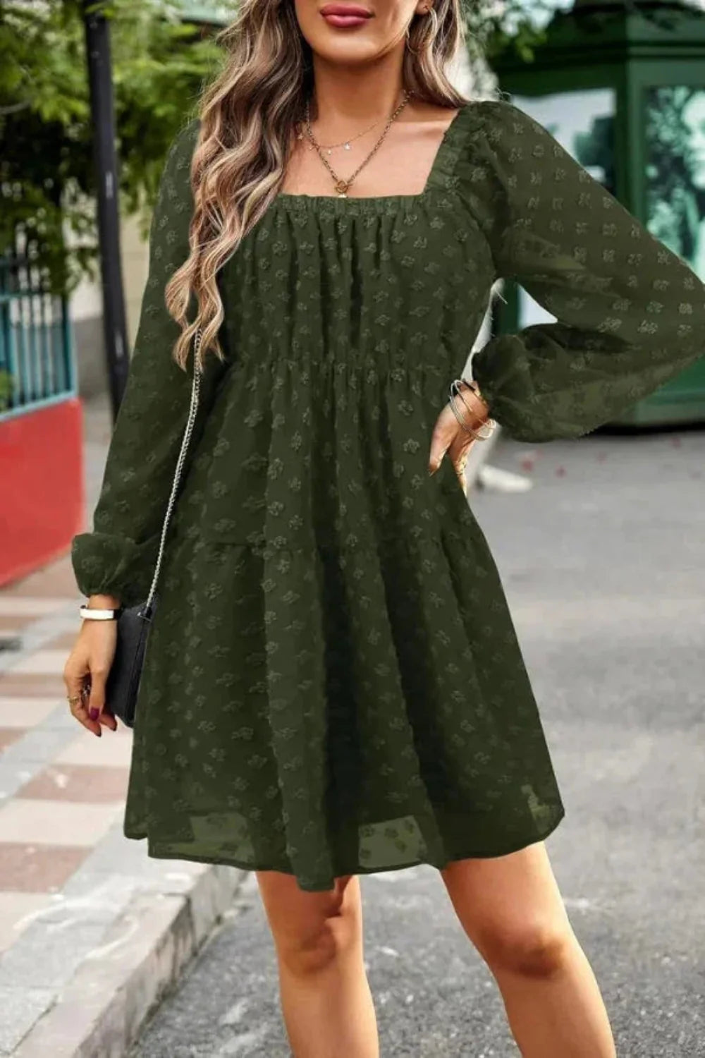 bishop sleeve', 'smocked waist', 'A-line silhouette', 'tiered skirt', 'babydoll dress', 'bohemian chic', 'flowy', 'georgette