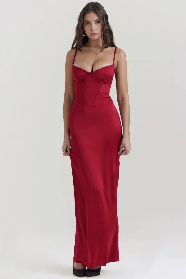 crimson," "haven," "floor-length," "figure-hugging silhouette," "structured bodice," and "date night dress