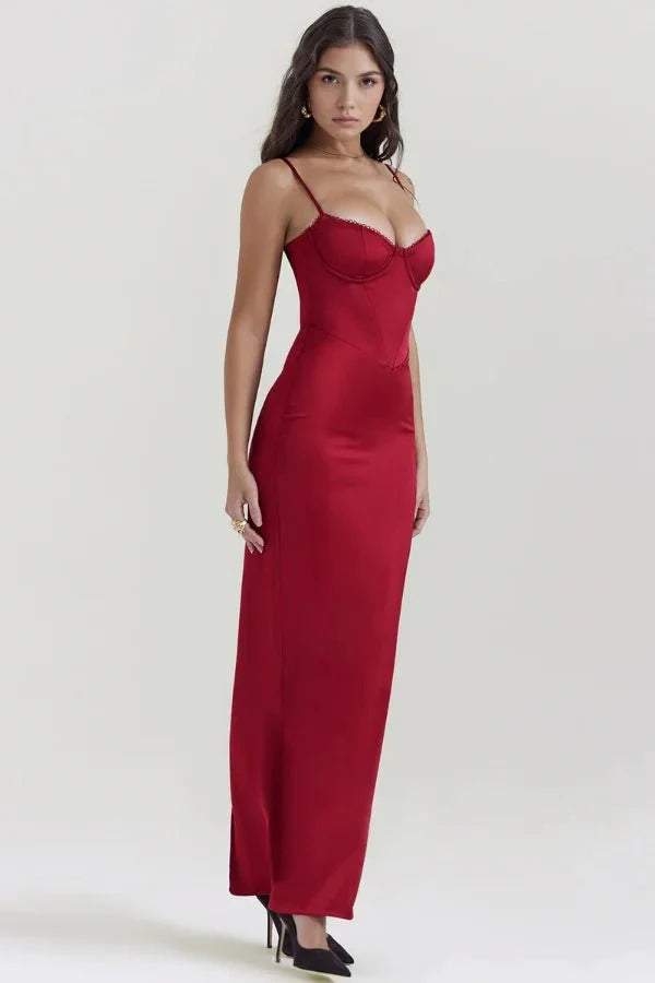 crimson," "haven," "floor-length," "figure-hugging silhouette," "structured bodice," and "date night dress