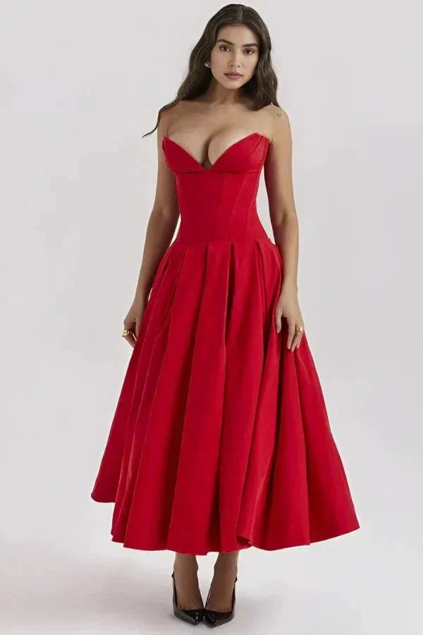 structured bodice, cinched waist, voluminous skirt, old Hollywood glamour and elegant evening attire