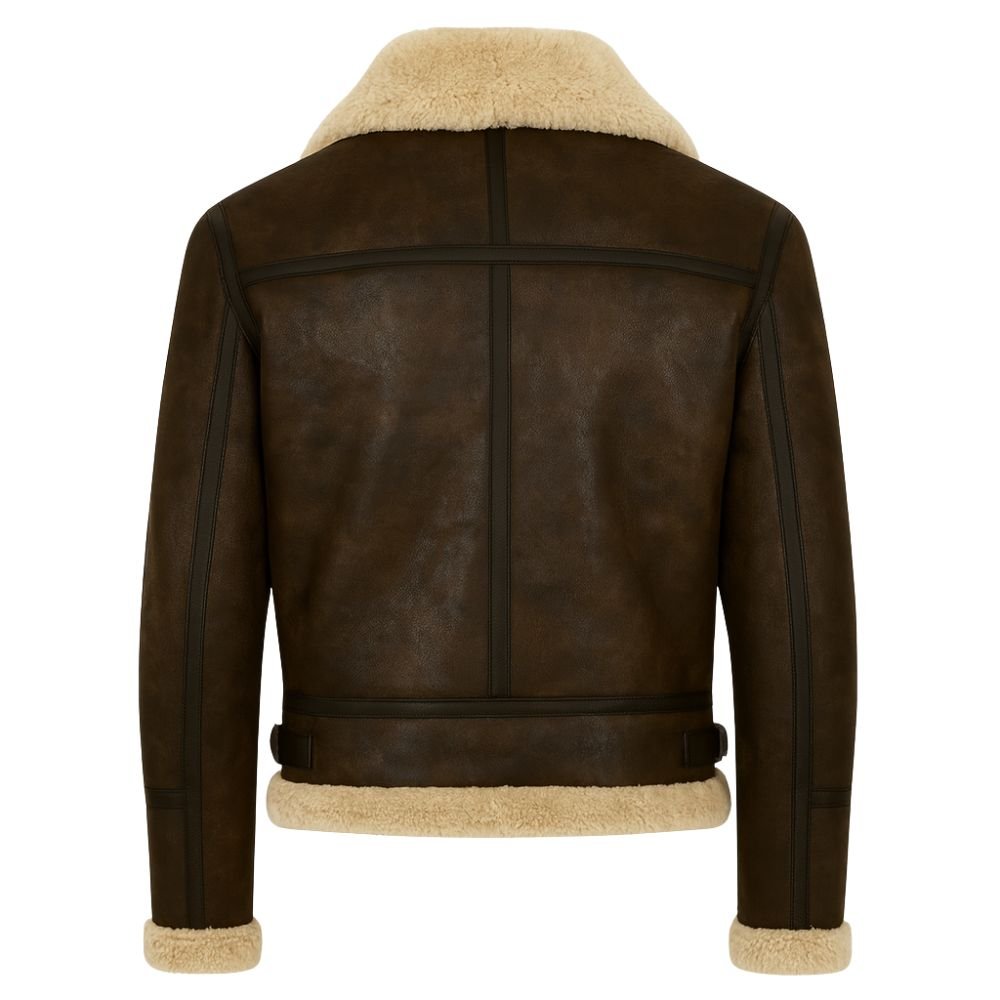 Brown kouvr leather jacket with beige fur lining on a white background