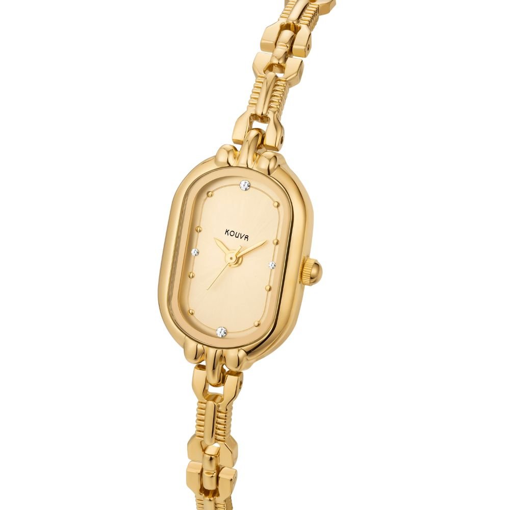 Gold Kouvr watch with a chain strap on a white background
