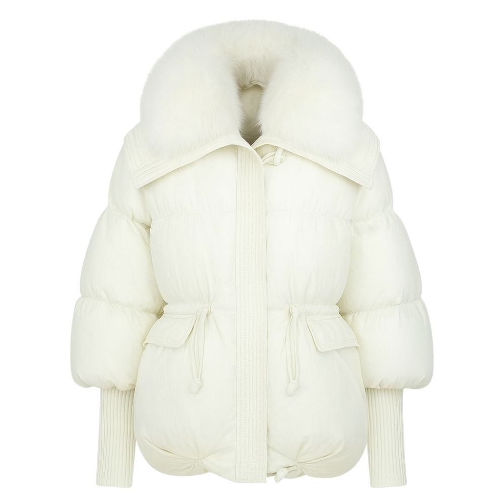 White kouvr puffer jacket with ribbed cuffs and hem on a white background
