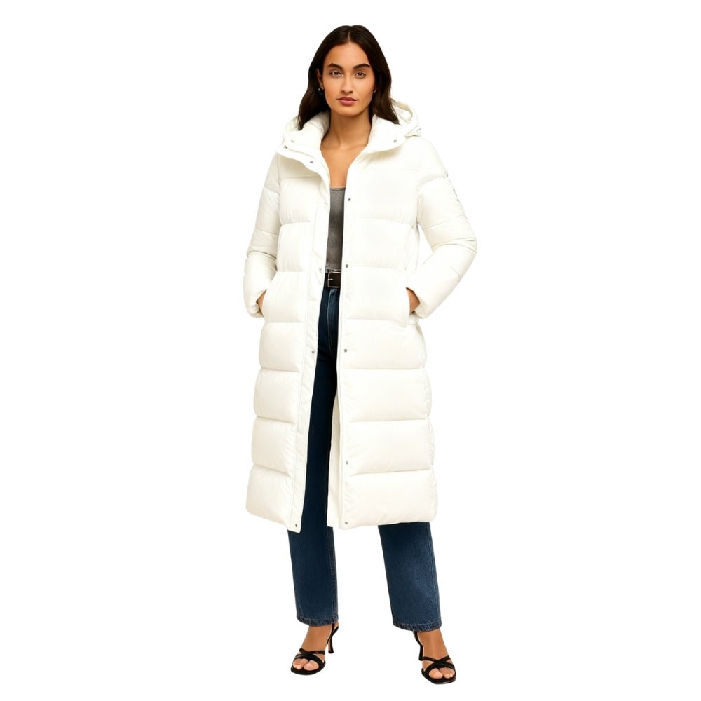 insulated outerwear," "quilted long coat," "winter staple," "investment piece
