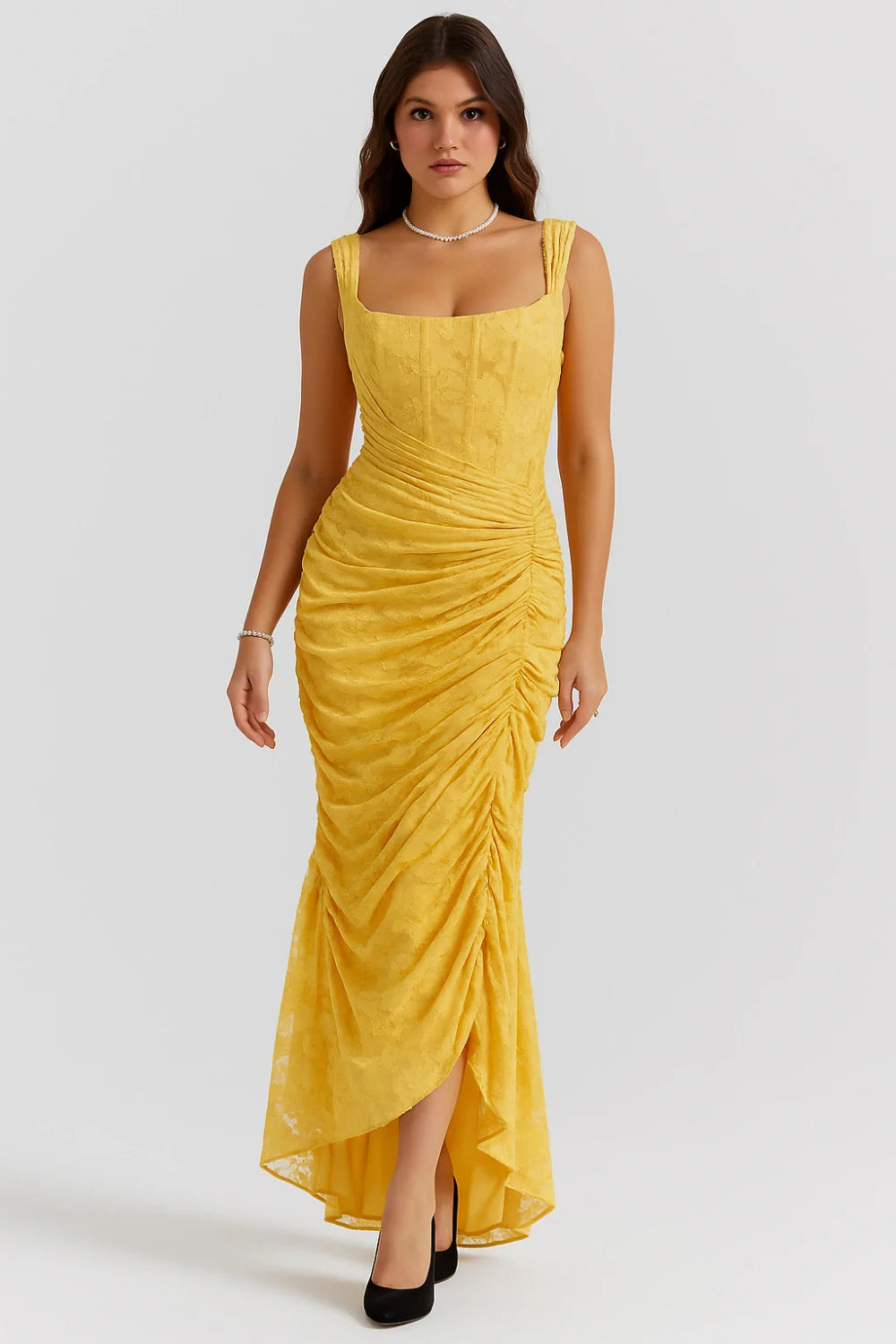structured bodice, asymmetrical hem, bodycon silhouette, saffron yellow gown, and occasionwear
