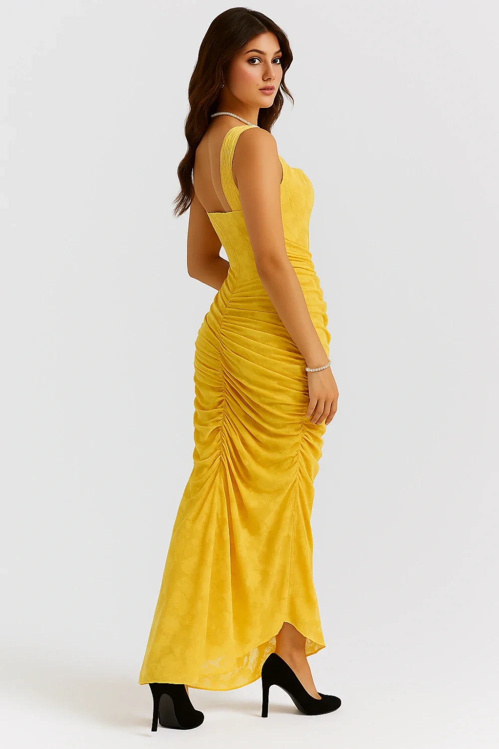 structured bodice, asymmetrical hem, bodycon silhouette, saffron yellow gown, and occasionwear