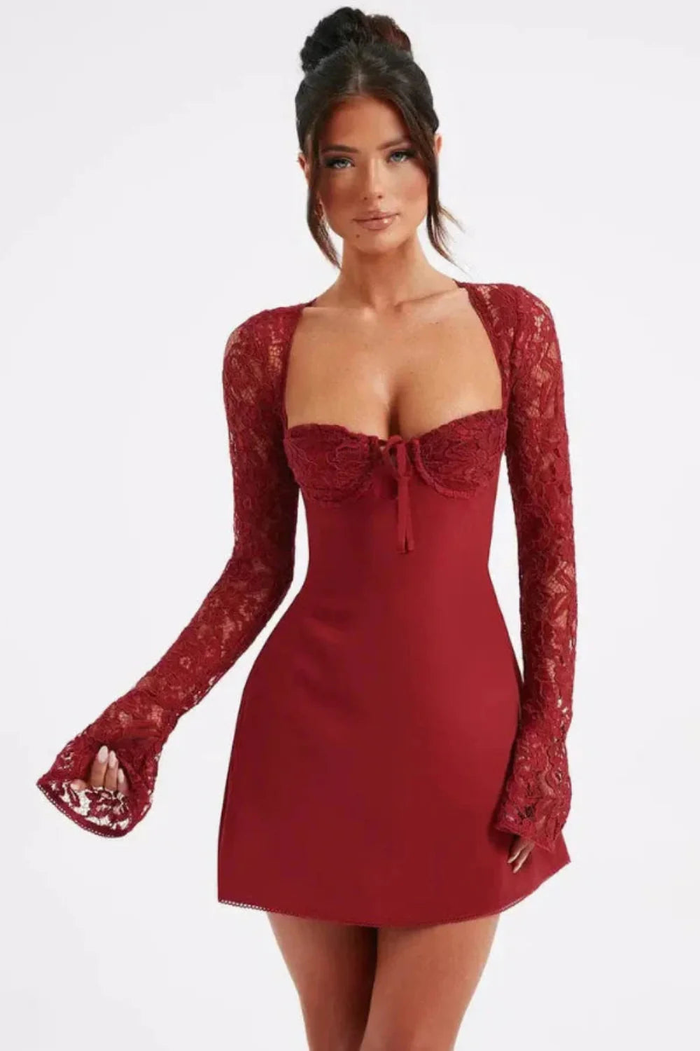 romantic cocktail dress, sweetheart neckline dress, open back lace dress, going out dress, crimson red dress