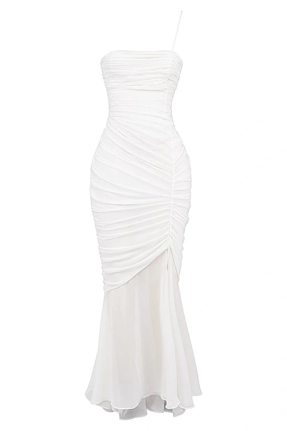 Model wearing the Kouvr Fashion Ruched white one-shoulder ruched maxi dress with a sheer mermaid hem and thigh-high slit