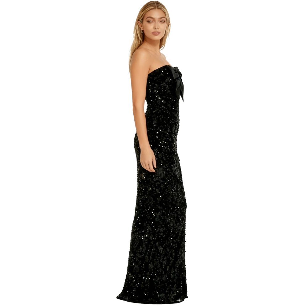 Black Kouvr sequin strapless gown on a white background
