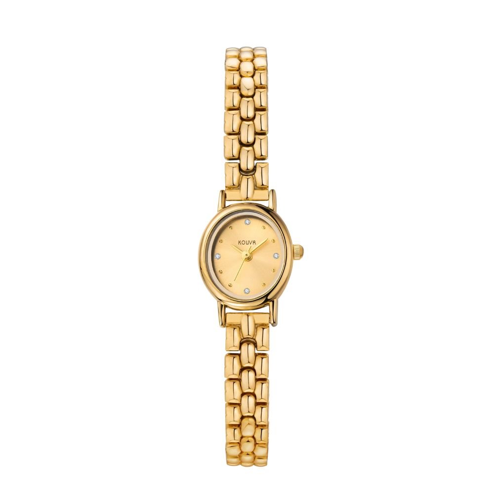 Gold kouvr watch with a white background