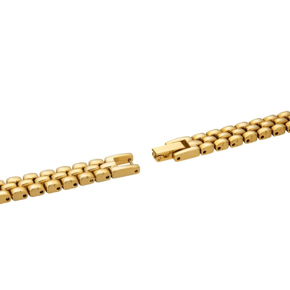 Gold kouvr bracelet with a clasp on a white background