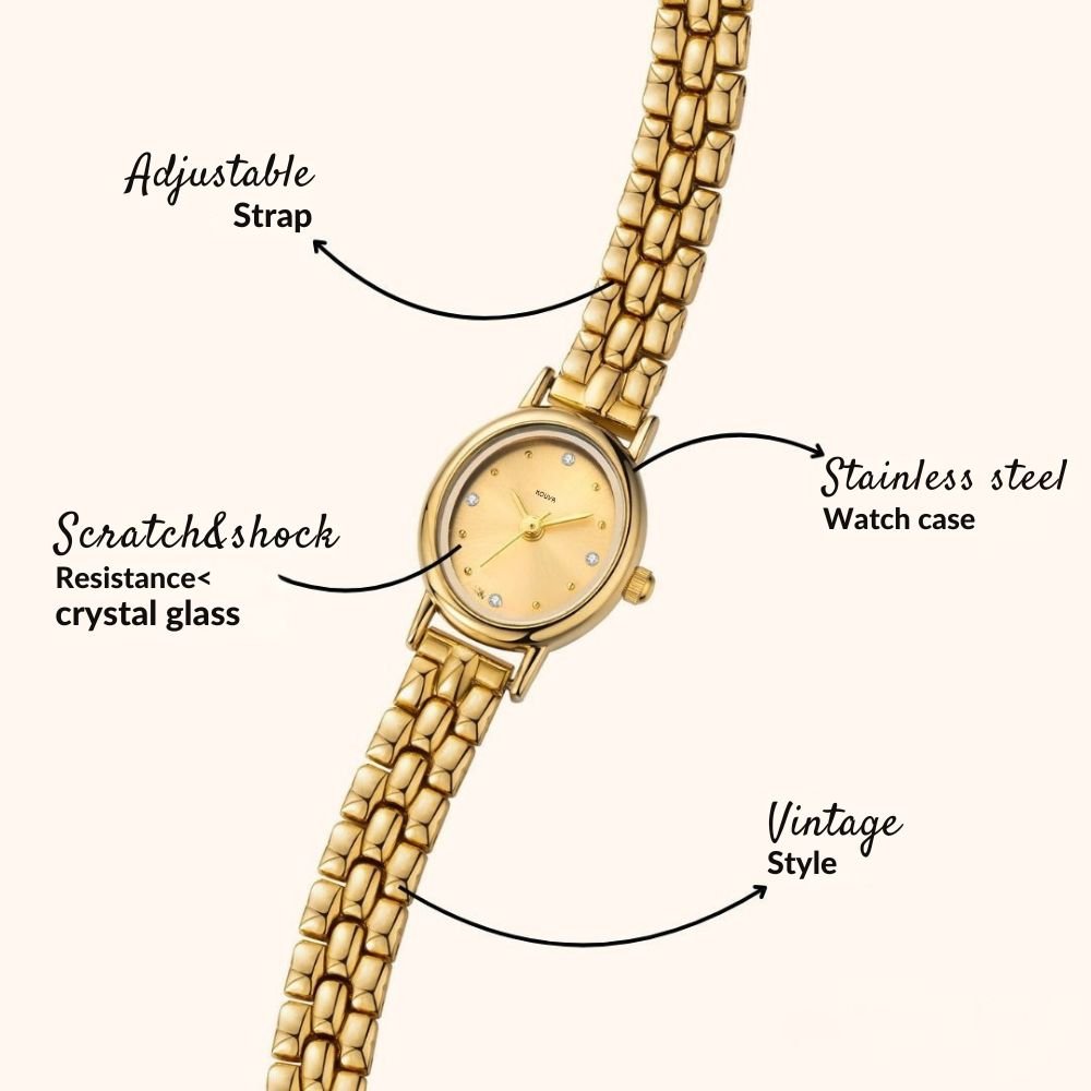 Gold kouvr watch with adjustable strap, scratch and shock resistance crystal glass, stainless steel case, and vintage style on a white background.