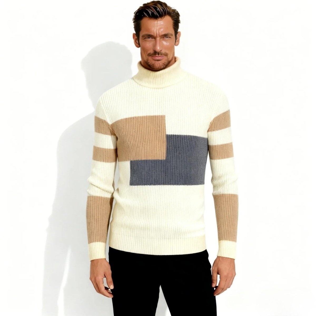 Man wearing the Kouvr Fashion men's white, khaki, and grey color block ribbed knit turtleneck sweater, looking at the camera against a white background.
 