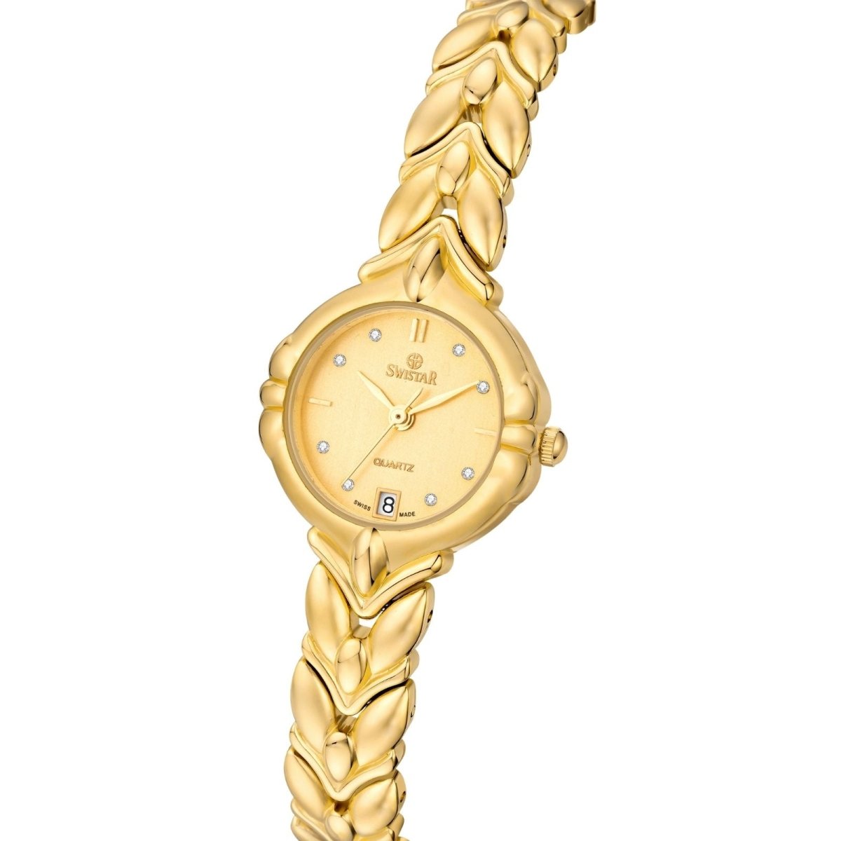 Detailed close-up of the champagne dial on the Evanthe women's watch, showing the date window and crystal markers.