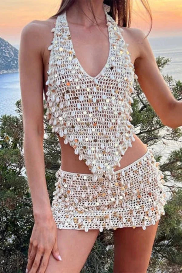 Cora Halter Shell Decorated Mini Skirt Set
