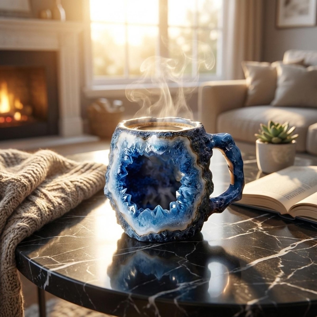 Lifestyle image of the Kouvr handcrafted geode crystal mug on a black marble table in a cozy, modern living room setting.