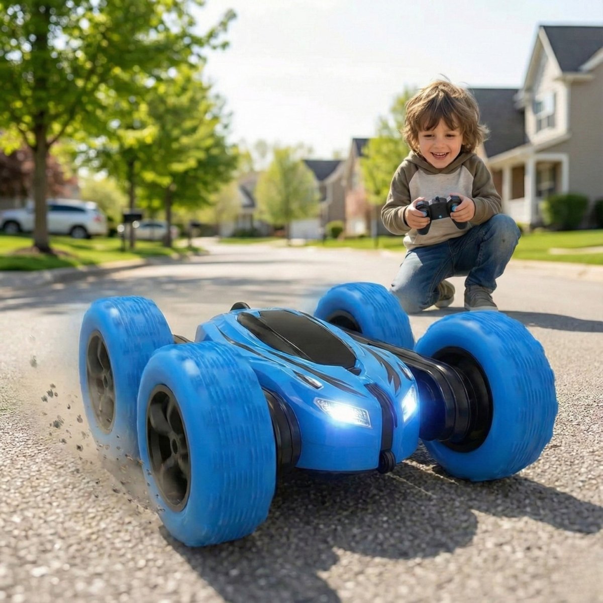 A smiling young boy kneels on a suburban street, happily driving the blue Kouvr Cyclone RC stunt car with the remote control.