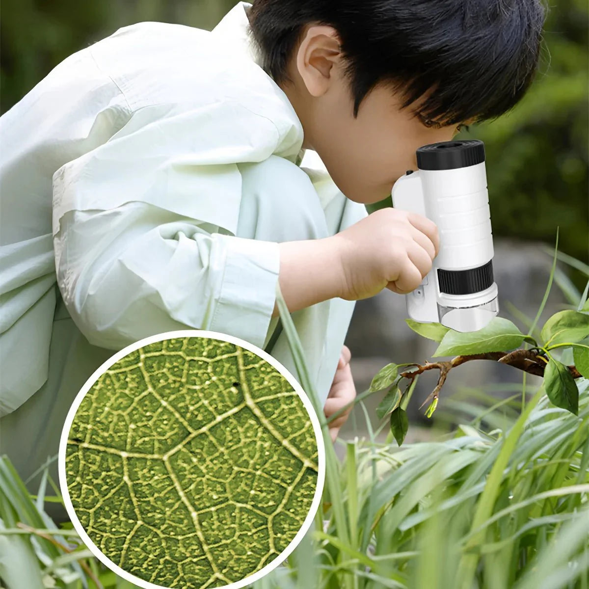 A young boy in a white jacket closely examining a plant branch with a white portable microscope, with an inset showing the magnified leaf veins.