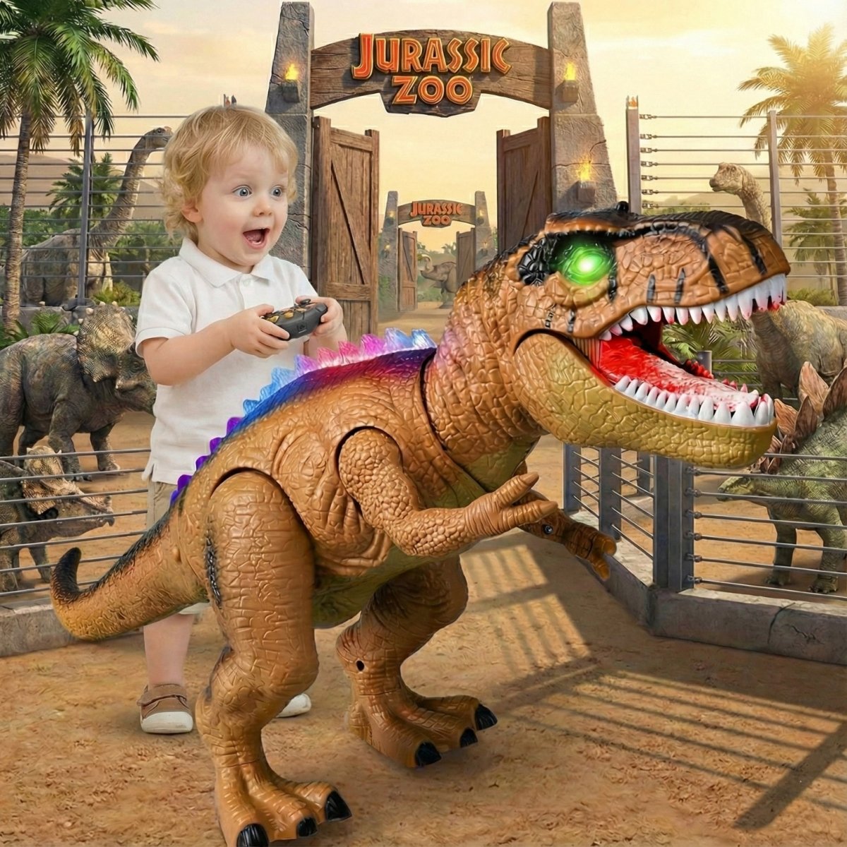 A dynamic image of a brown remote control T-Rex dinosaur toy with glowing purple mouth and green eyes appearing to burst through a cracked white wall, revealing a jungle scene behind it.