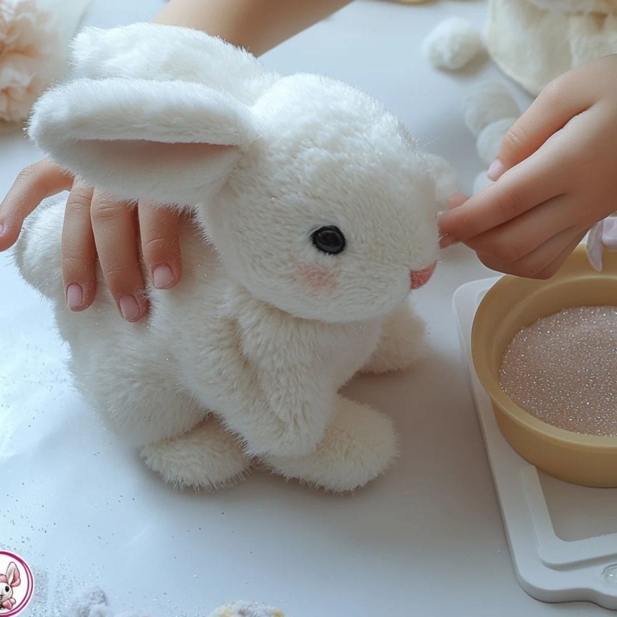 White plush bunny toy being held by a person on a white surface with a small container of sand.