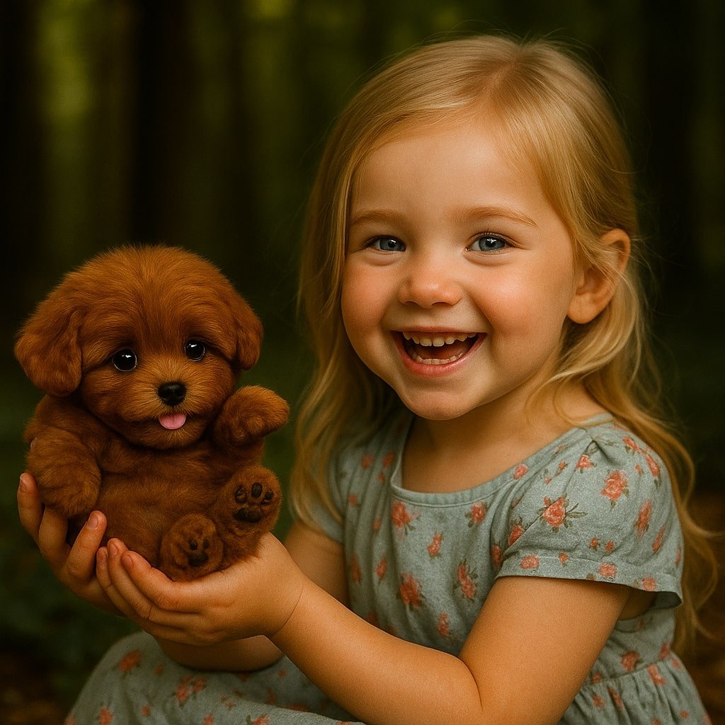 A young girl laughing with his eyes closed while holding the brown interactive robot puppy.