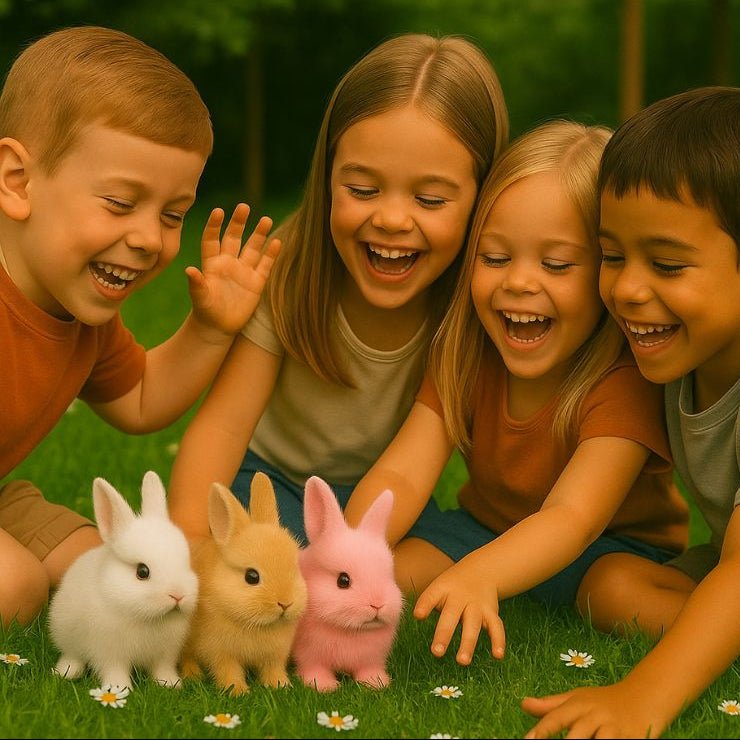 A group of four happy children laughing and playing with three colorful Kouvr robot bunnies (white, golden-yellow, and pink) on a green lawn.