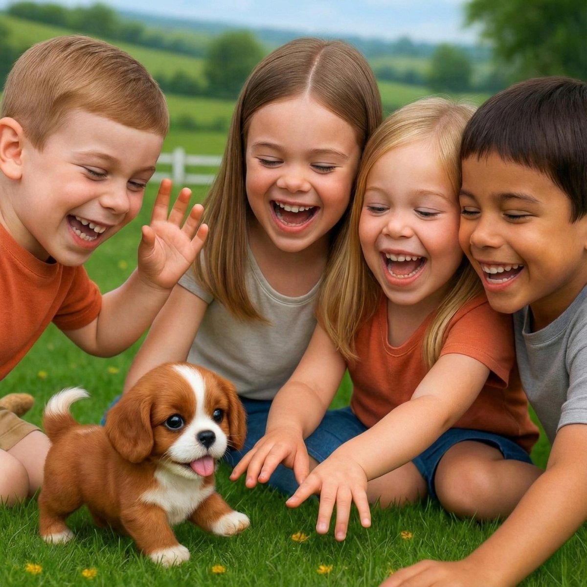 Four happy children laughing and playing together on the grass with the small, brown and white Kouvr animatronic puppy toy.