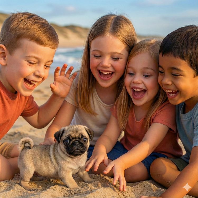 A group of four diverse and happy children gathered around the Kouvr robot pug puppy on the sand at the beach.