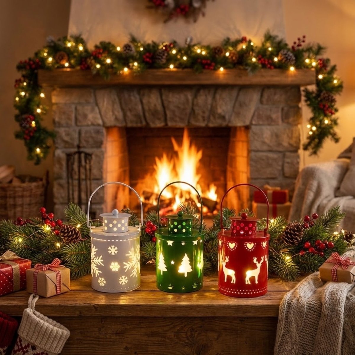 Cozy holiday living room scene featuring a trio of lit metal lanterns on a wooden mantelpiece with stockings, garland, and a roaring fire in the background.